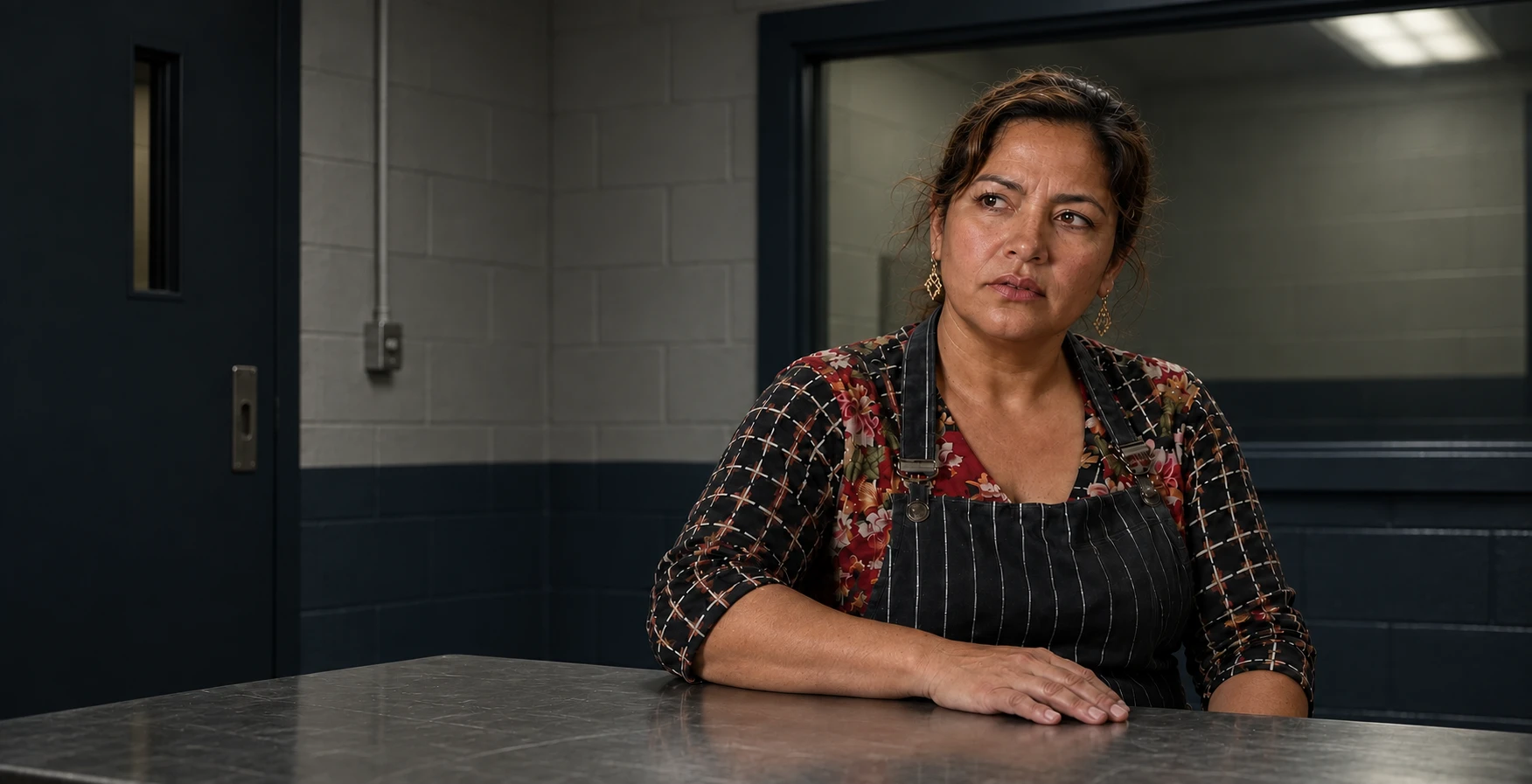 Maria seated at the interrogation table, looking toward the detective